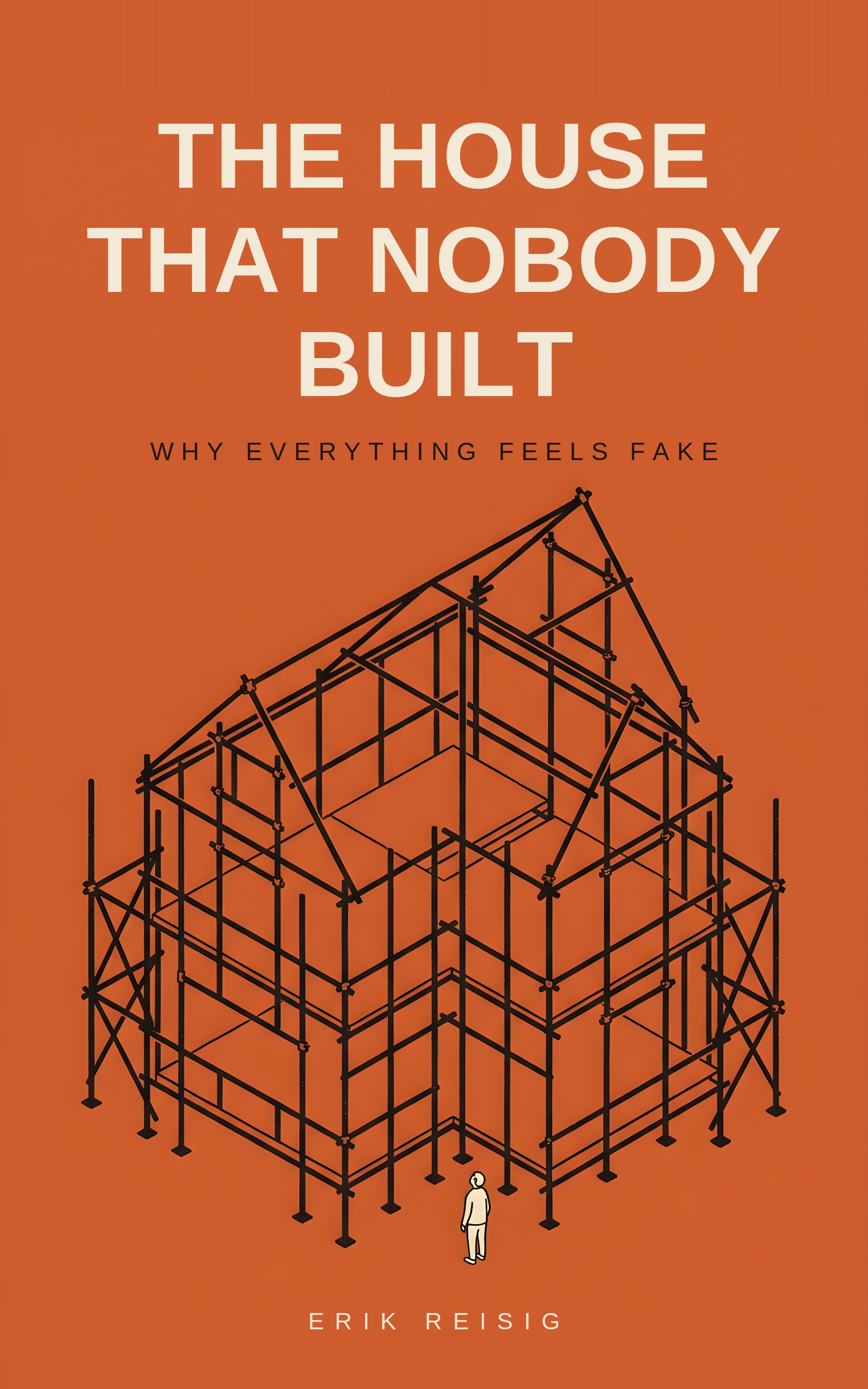 Orange cover of The House That Nobody Built, showing a house-shaped scaffold
